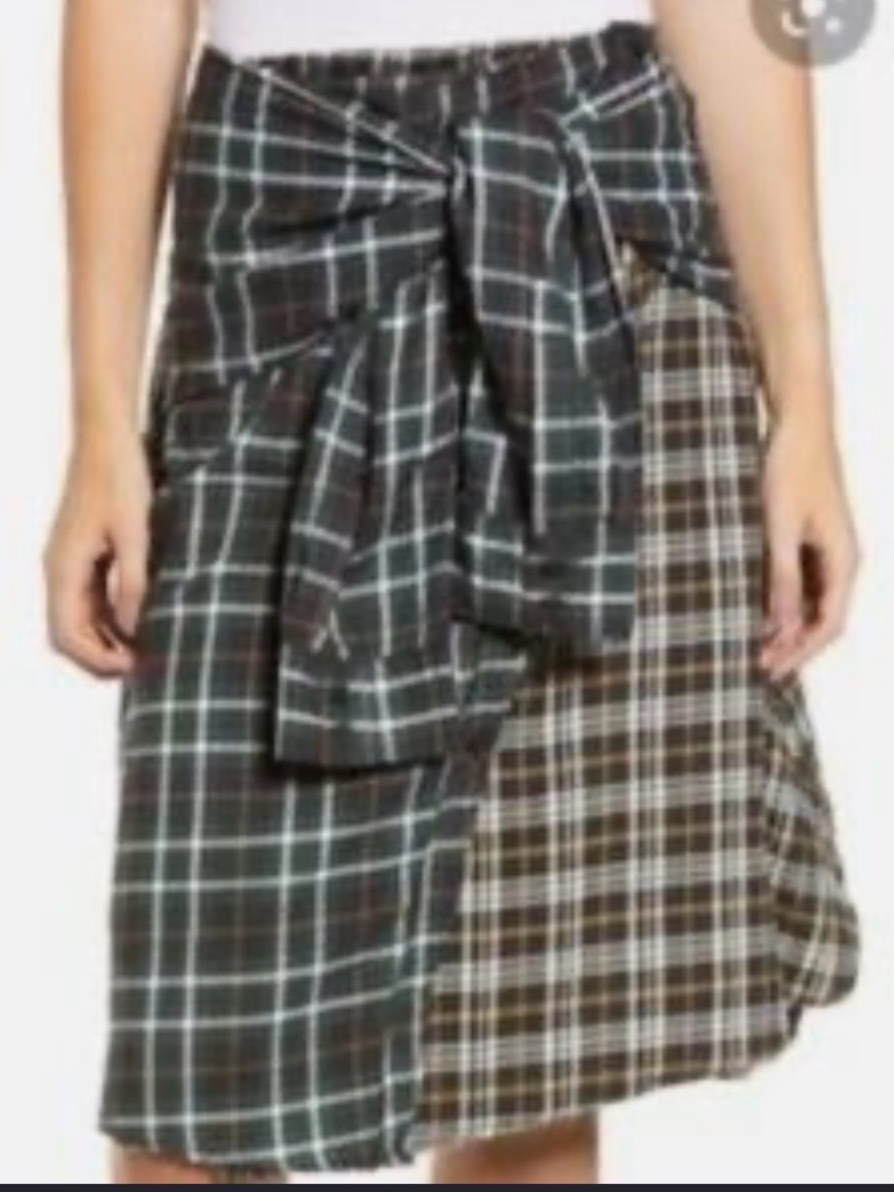 French Connection Mixed Plaid Tie-Front Midi Skirt in Black and Brown